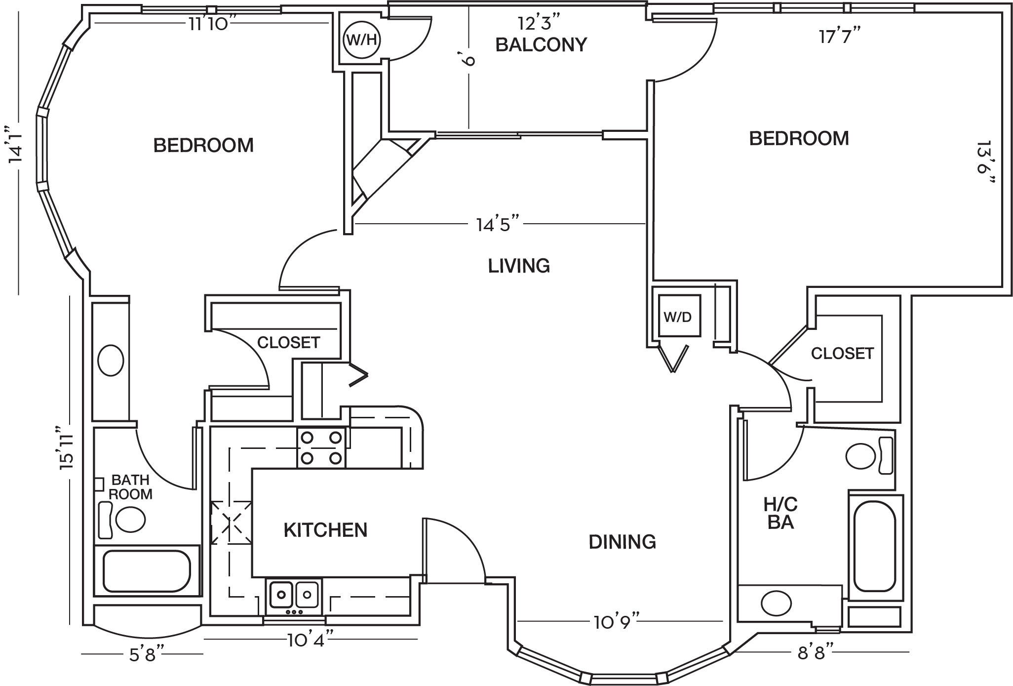 Floor plan for 2 beds, 2 baths, 1200 sqft